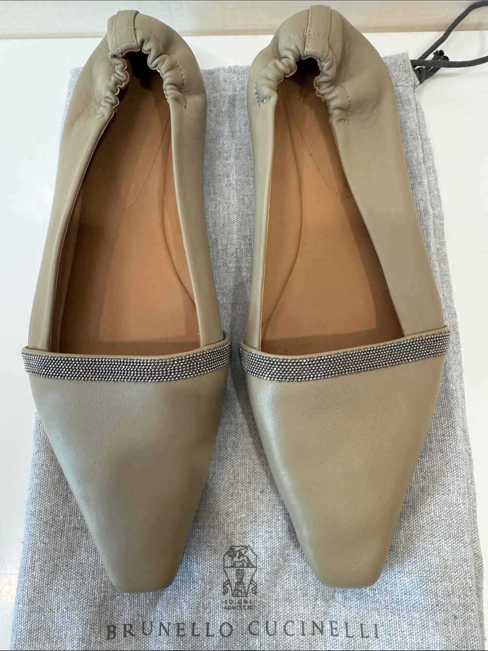 Brunello Cucinelli khaki leather pointed ballet flats with trim. Authentic